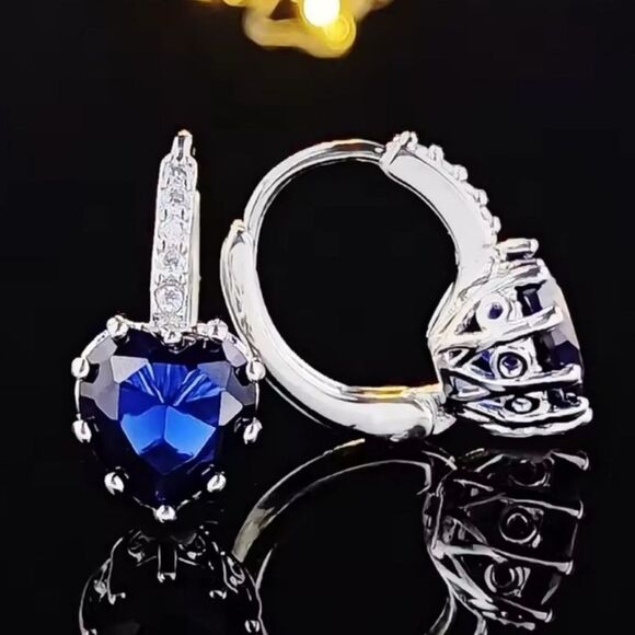 Elegant Blue and Silver Heart Drop Earrings with Crystal Accents - Picture 1 of 6
